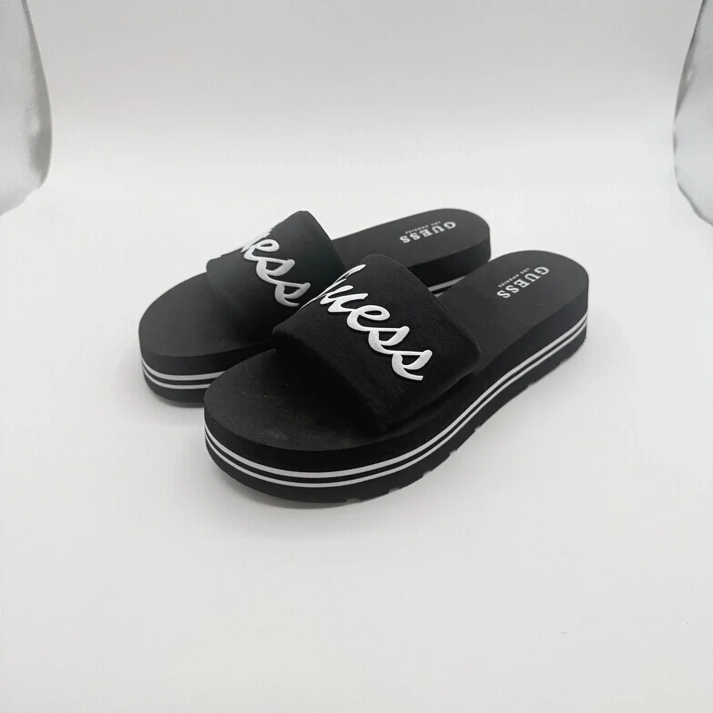 Guess Slide Sandals Womens 8 Black Script Logo Striped Foam Platform Y2K